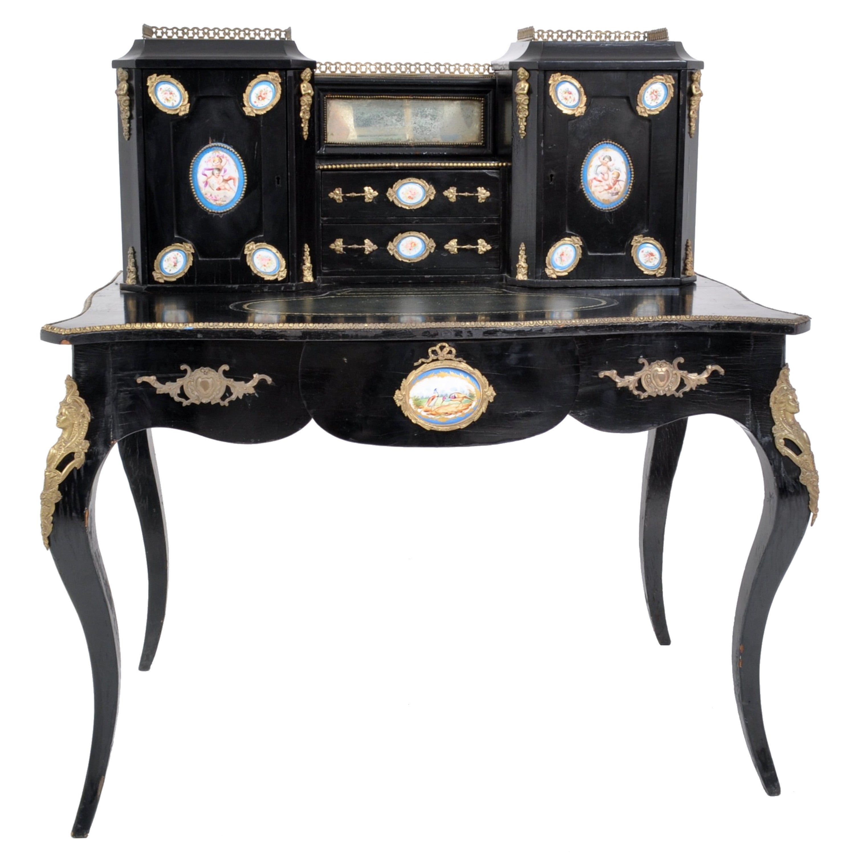 Antique French Louis XVI Japanned and Ormolu Sevres Porcelain Writing Desk,  Circa 1860