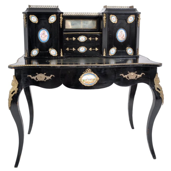 Antique French Louis XVI Japanned and Ormolu Sevres Porcelain Writing Desk, Circa 1860
