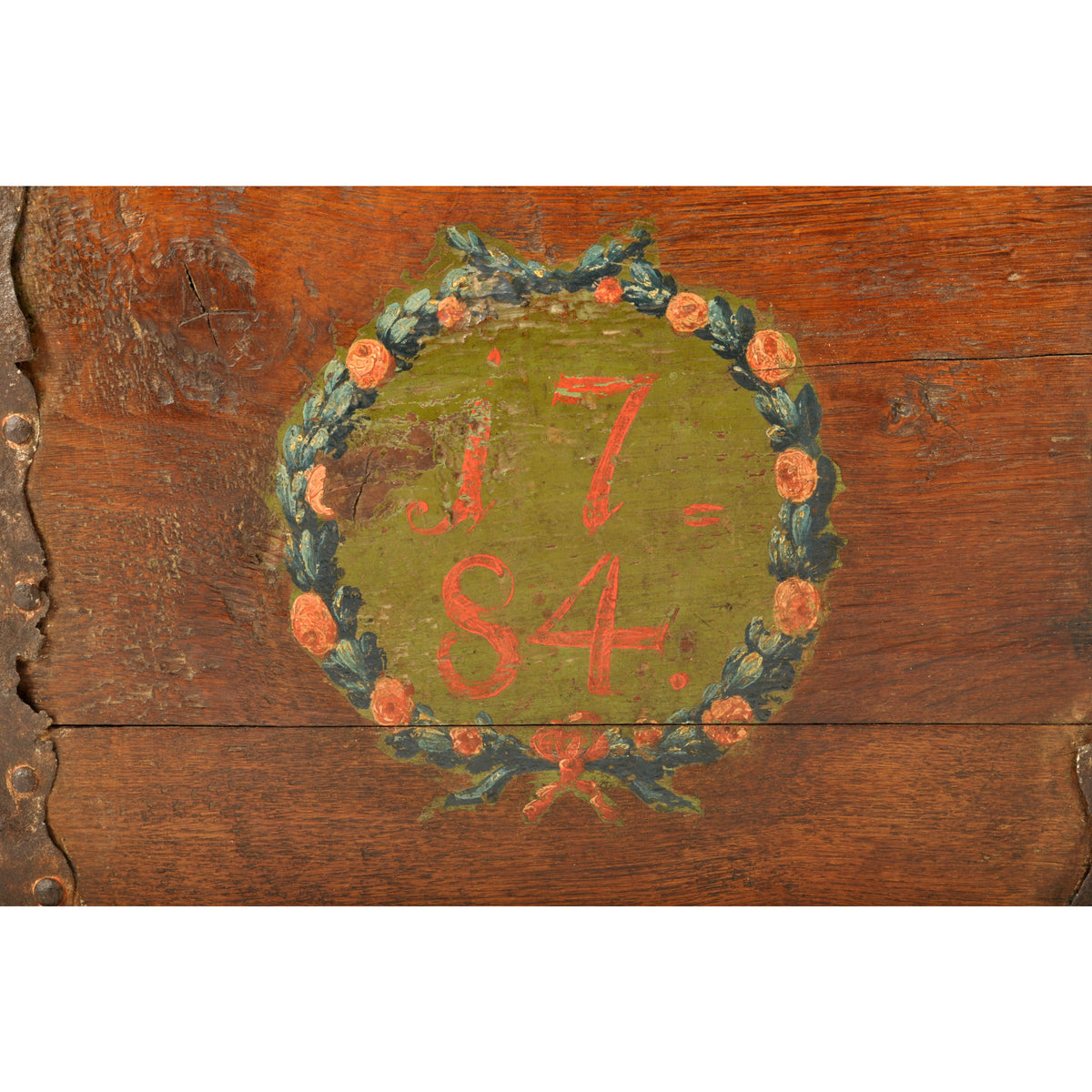 Antique 18th Century German Baroque Painted Walnut Iron Coffer Chest Trunk 1784