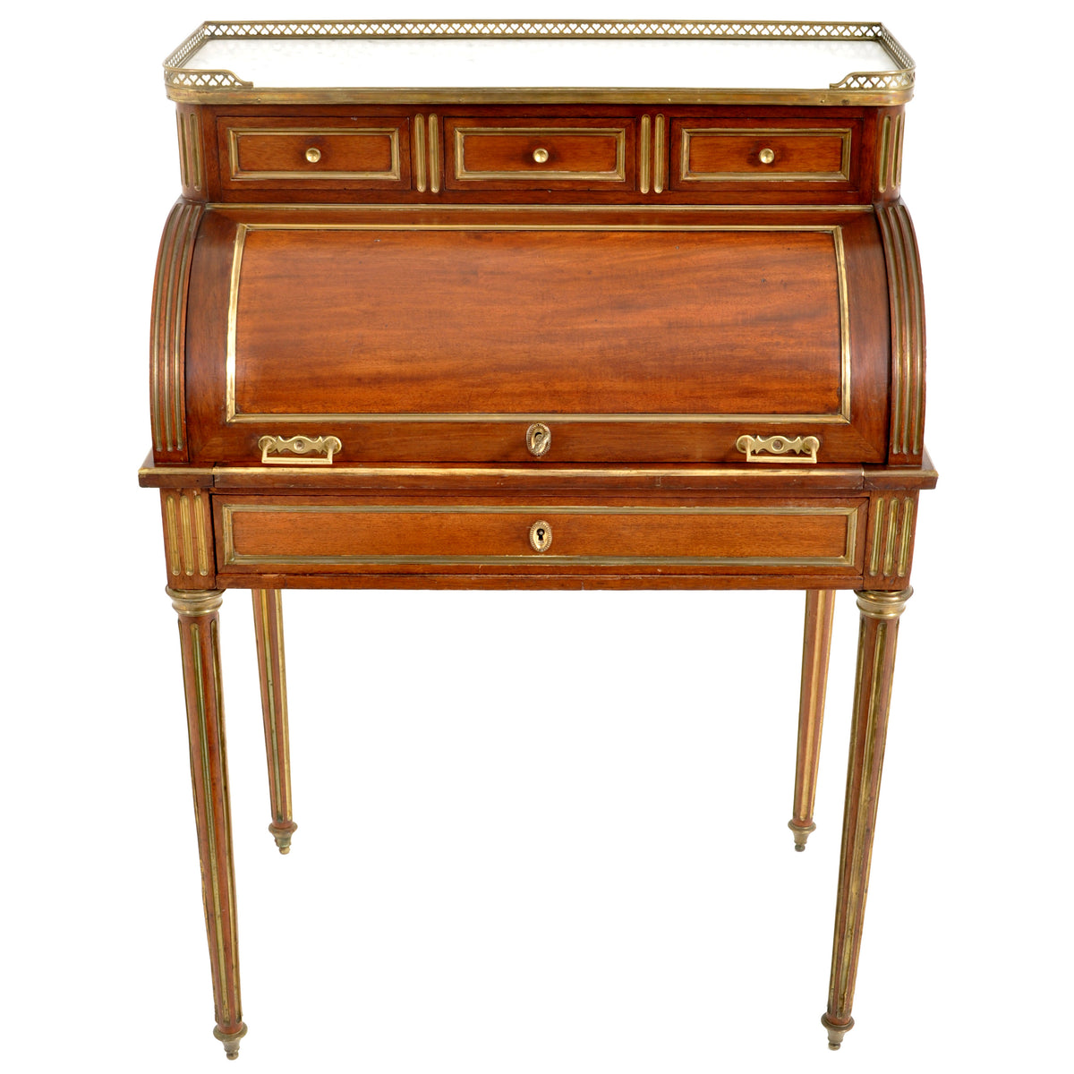 Antique 19th Century French Louis XVI Walnut Ormolu Marble Cylinder Desk, circa 1880