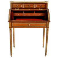 Antique 19th Century French Louis XVI Walnut Ormolu Marble Cylinder Desk, circa 1880