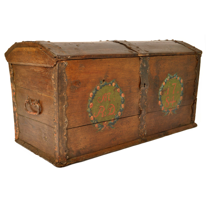 Antique 18th Century German Baroque Painted Walnut Iron Coffer Chest Trunk 1784