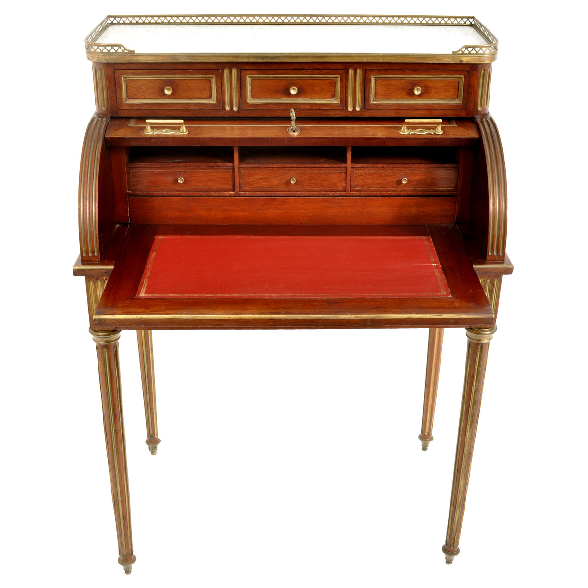 Antique 19th Century French Louis XVI Walnut Ormolu Marble Cylinder Desk, circa 1880