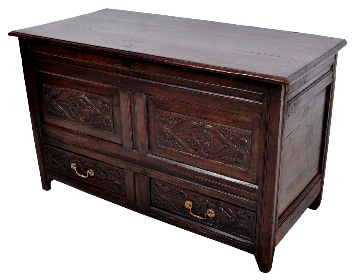 Antique English Late 17th Century Carved Oak Mule Chest / Coffer, circa 1680
