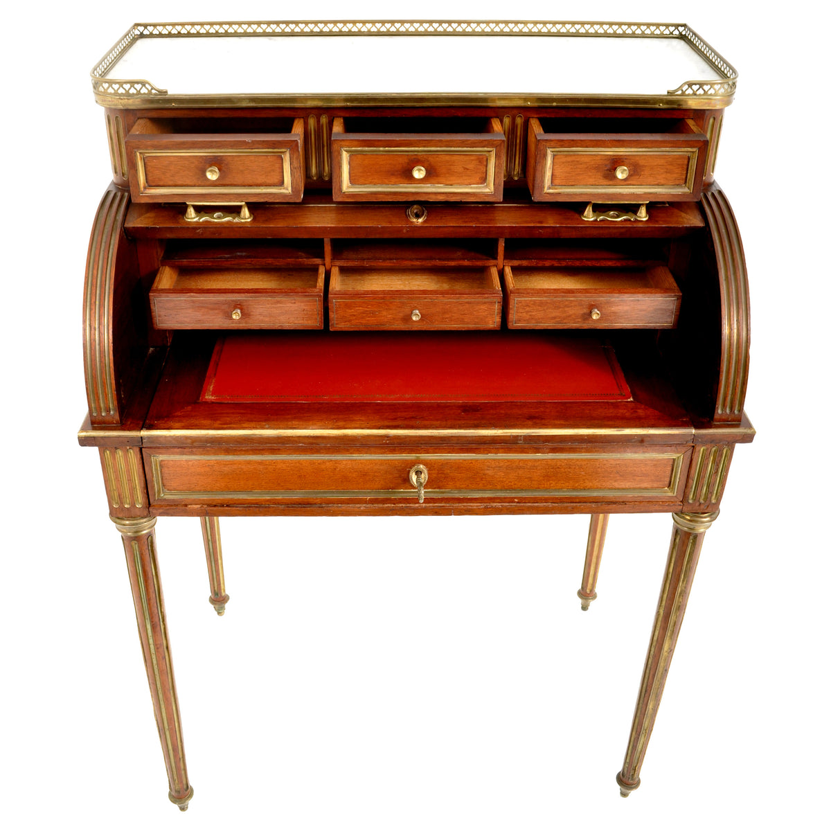 Antique 19th Century French Louis XVI Walnut Ormolu Marble Cylinder Desk, circa 1880