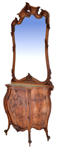 Antique Italian Rococo Walnut Bombe-Shaped Mirrored Cabinet / Buffet / Server, Circa 1880