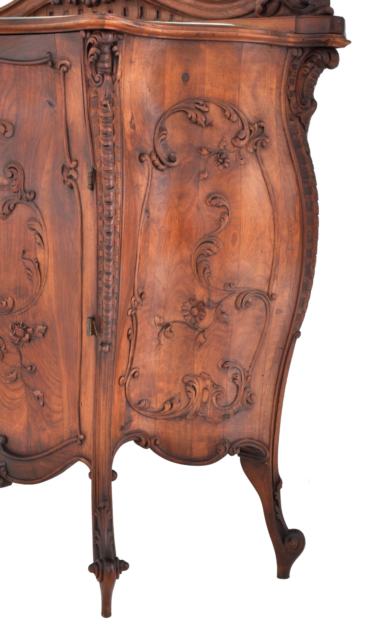 Antique Italian Rococo Walnut Bombe-Shaped Mirrored Cabinet / Buffet / Server, Circa 1880