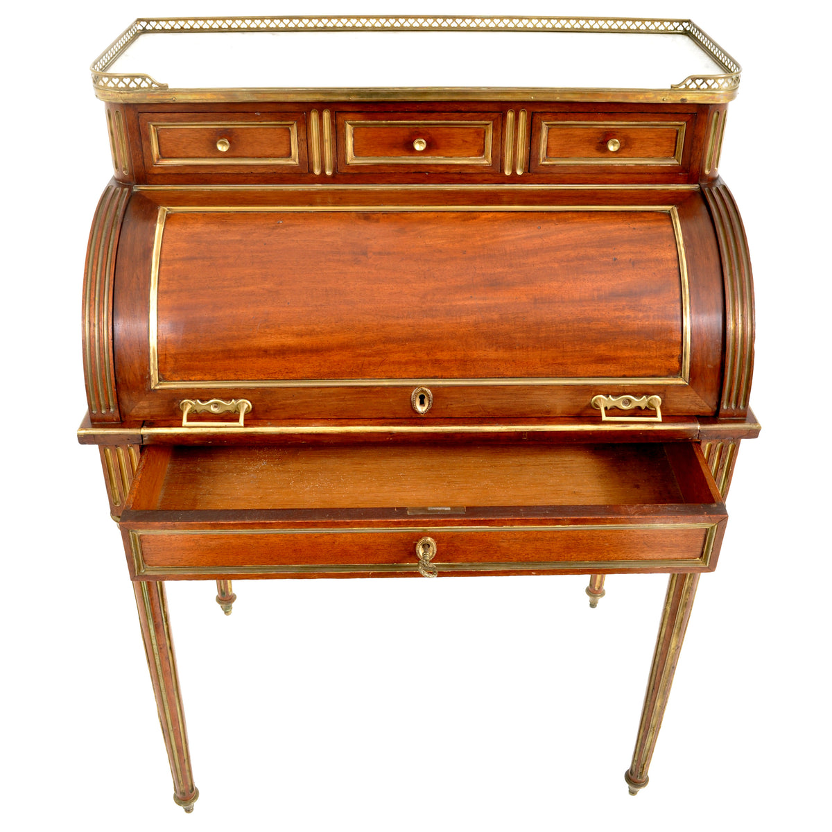 Antique 19th Century French Louis XVI Walnut Ormolu Marble Cylinder Desk, circa 1880