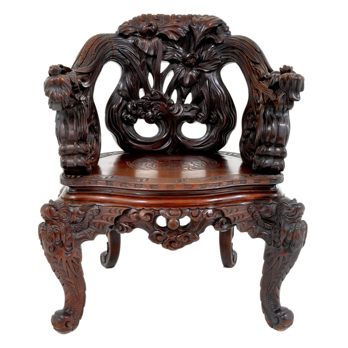Antique Chinese Qing Dynasty Carved Rosewood Throne Chair, Circa 1890