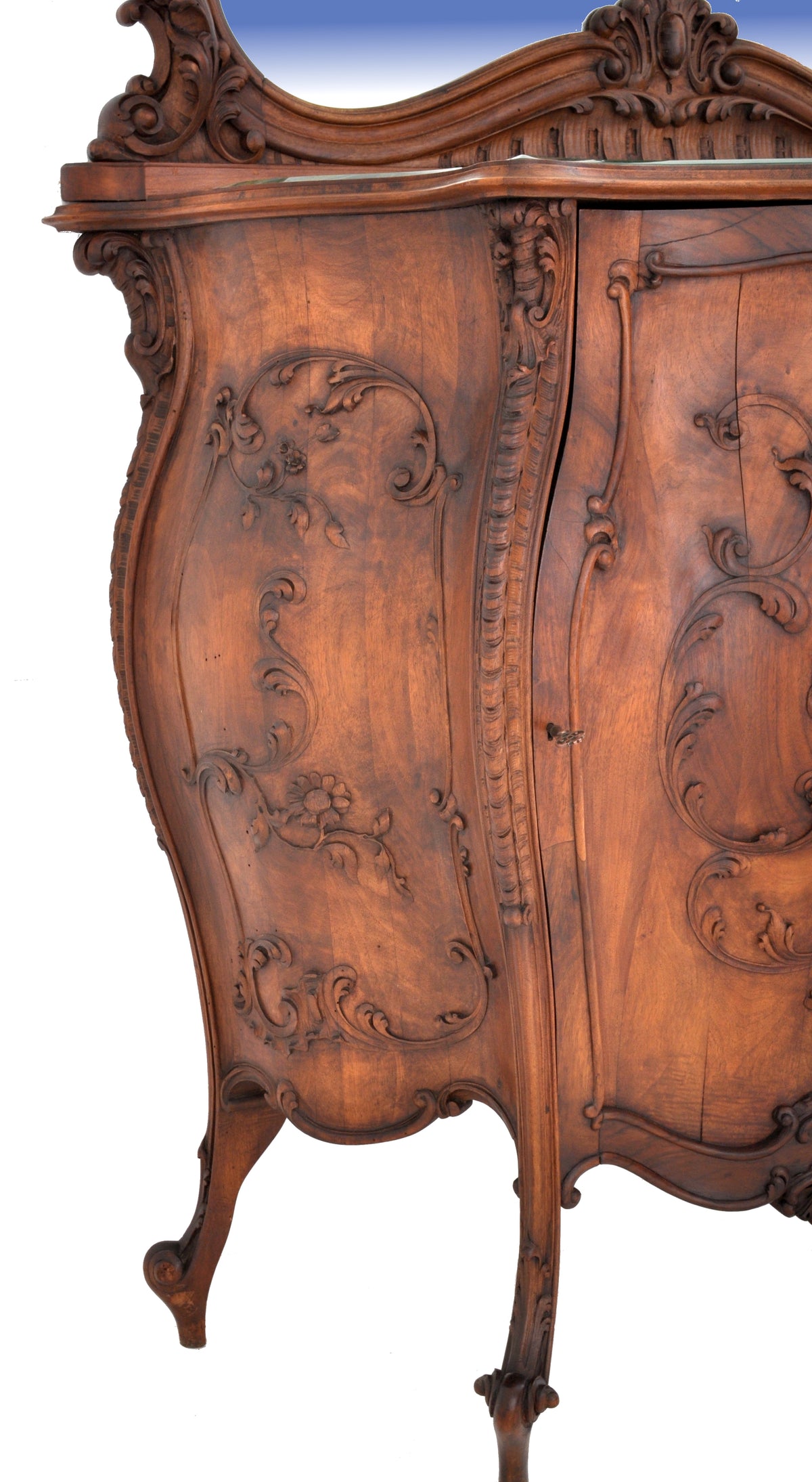 Antique Italian Rococo Walnut Bombe-Shaped Mirrored Cabinet / Buffet / Server, Circa 1880
