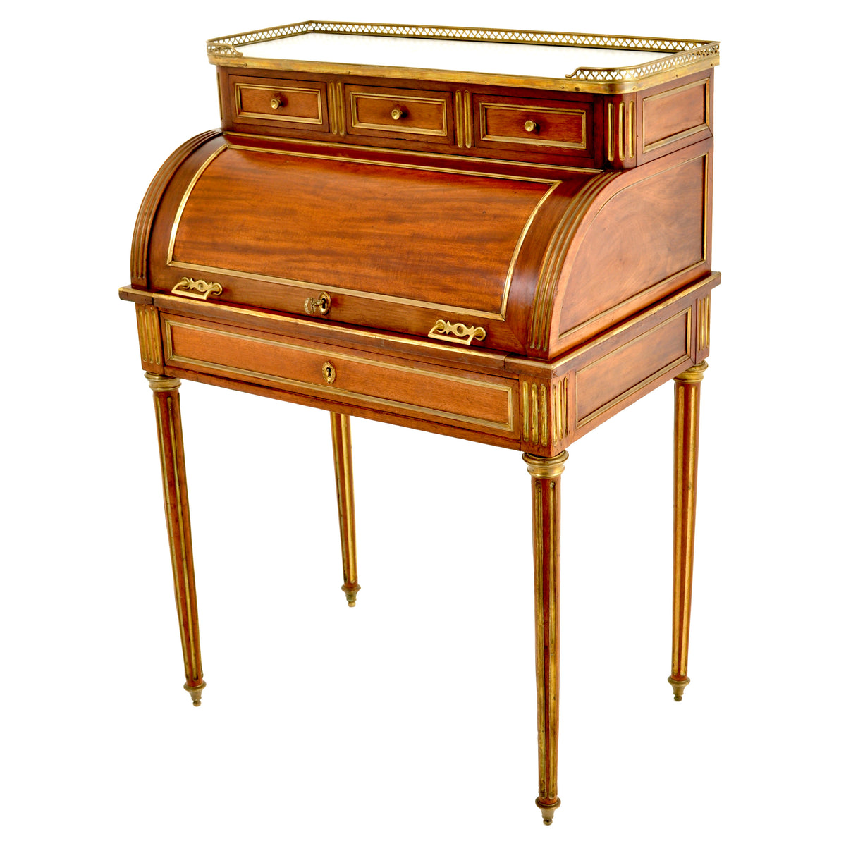 Antique 19th Century French Louis XVI Walnut Ormolu Marble Cylinder Desk, circa 1880