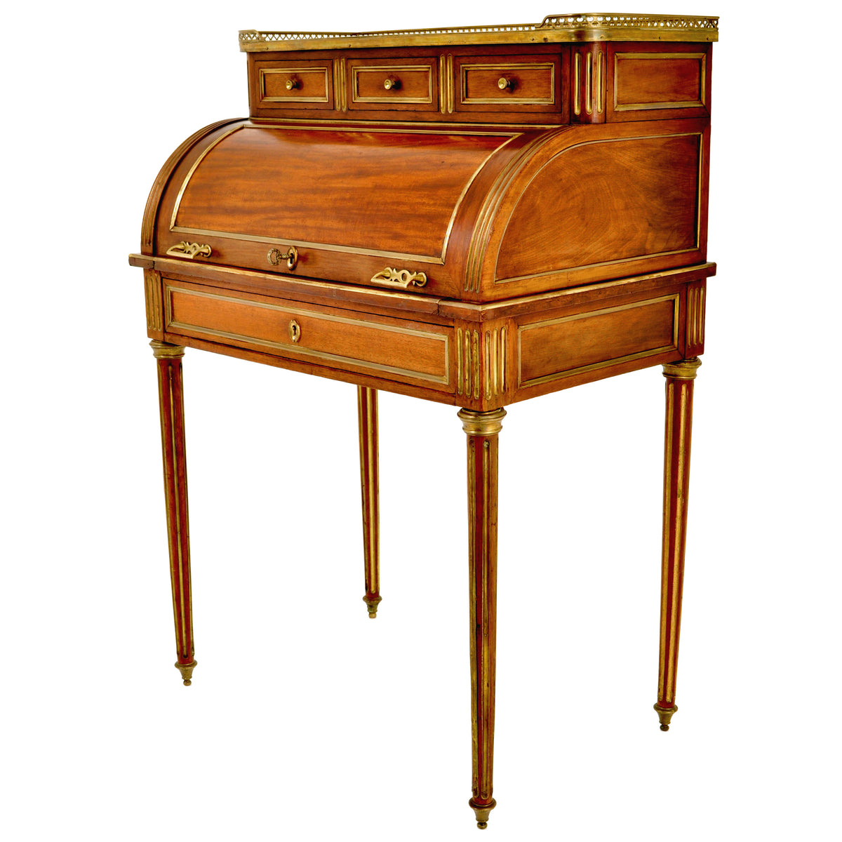 Antique 19th Century French Louis XVI Walnut Ormolu Marble Cylinder Desk, circa 1880