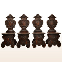 Set of Four Antique 18th Century Italian Carved Walnut Sgabello Hall Side Chairs, circa 1780