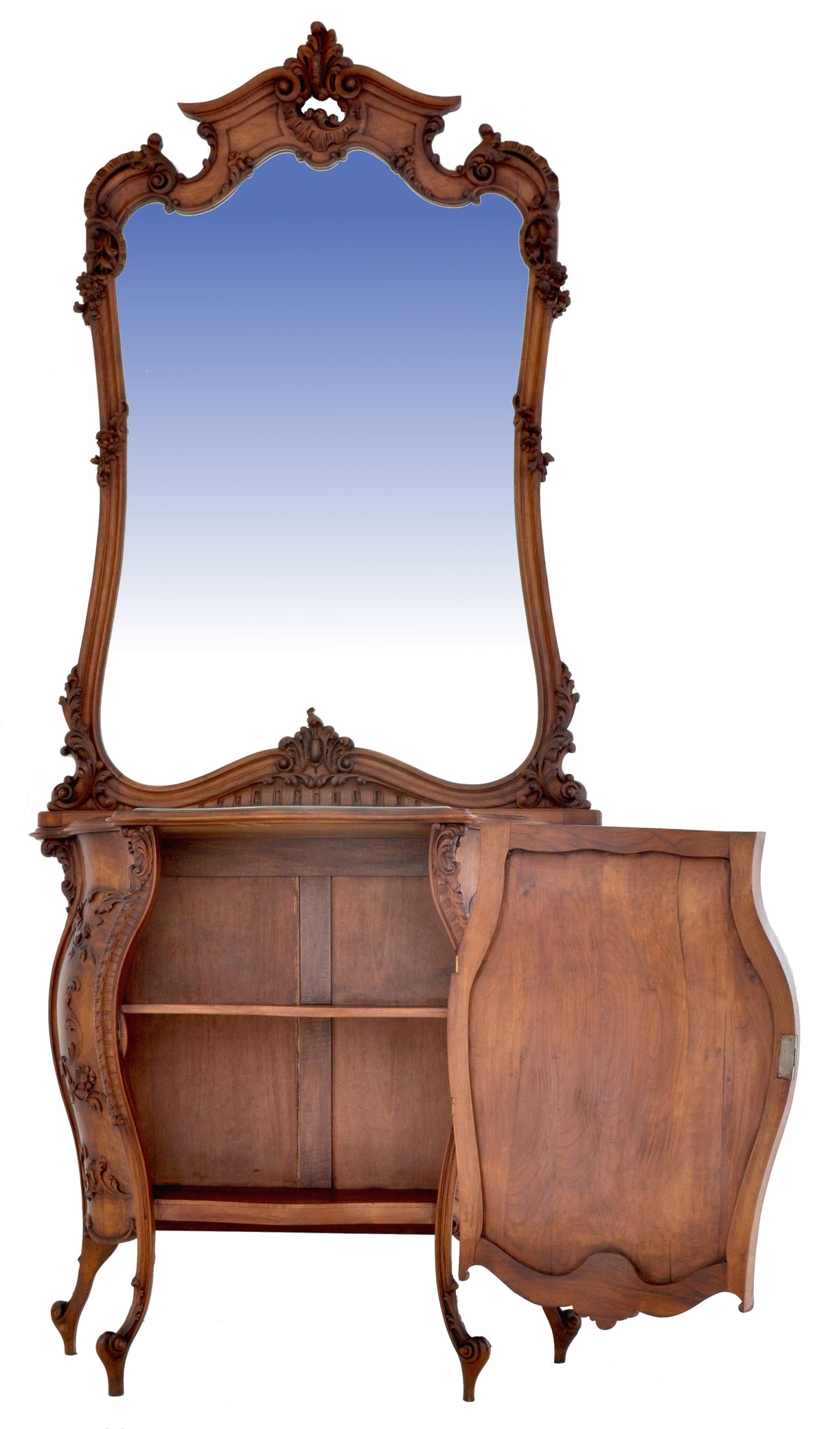Antique Italian Rococo Walnut Bombe-Shaped Mirrored Cabinet / Buffet / Server, Circa 1880