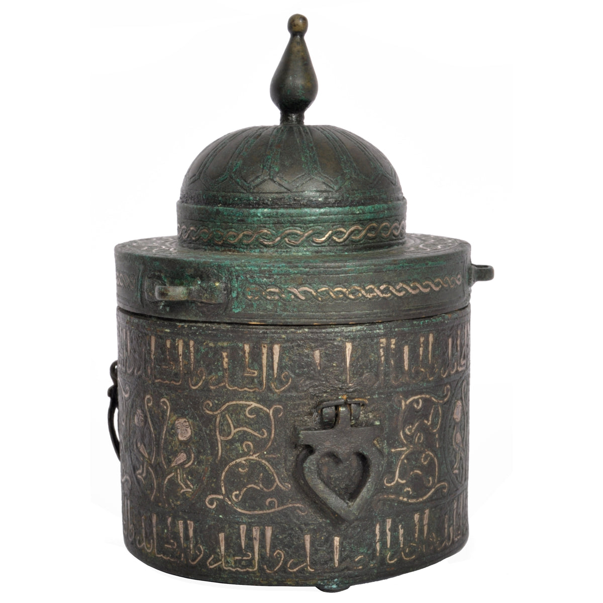 Ancient Islamic Persian Khurasan Silver Inlaid Bronze Caligraphy Inkwell Circa 1200