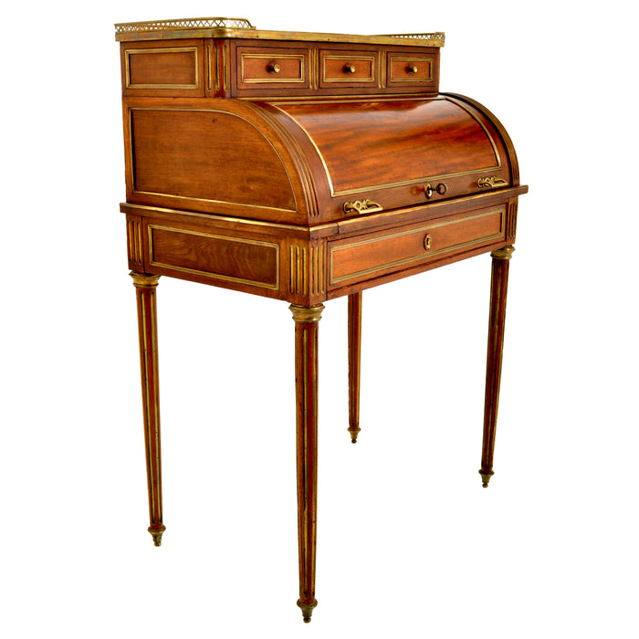 Antique 19th Century French Louis XVI Walnut Ormolu Marble Cylinder Desk, circa 1880