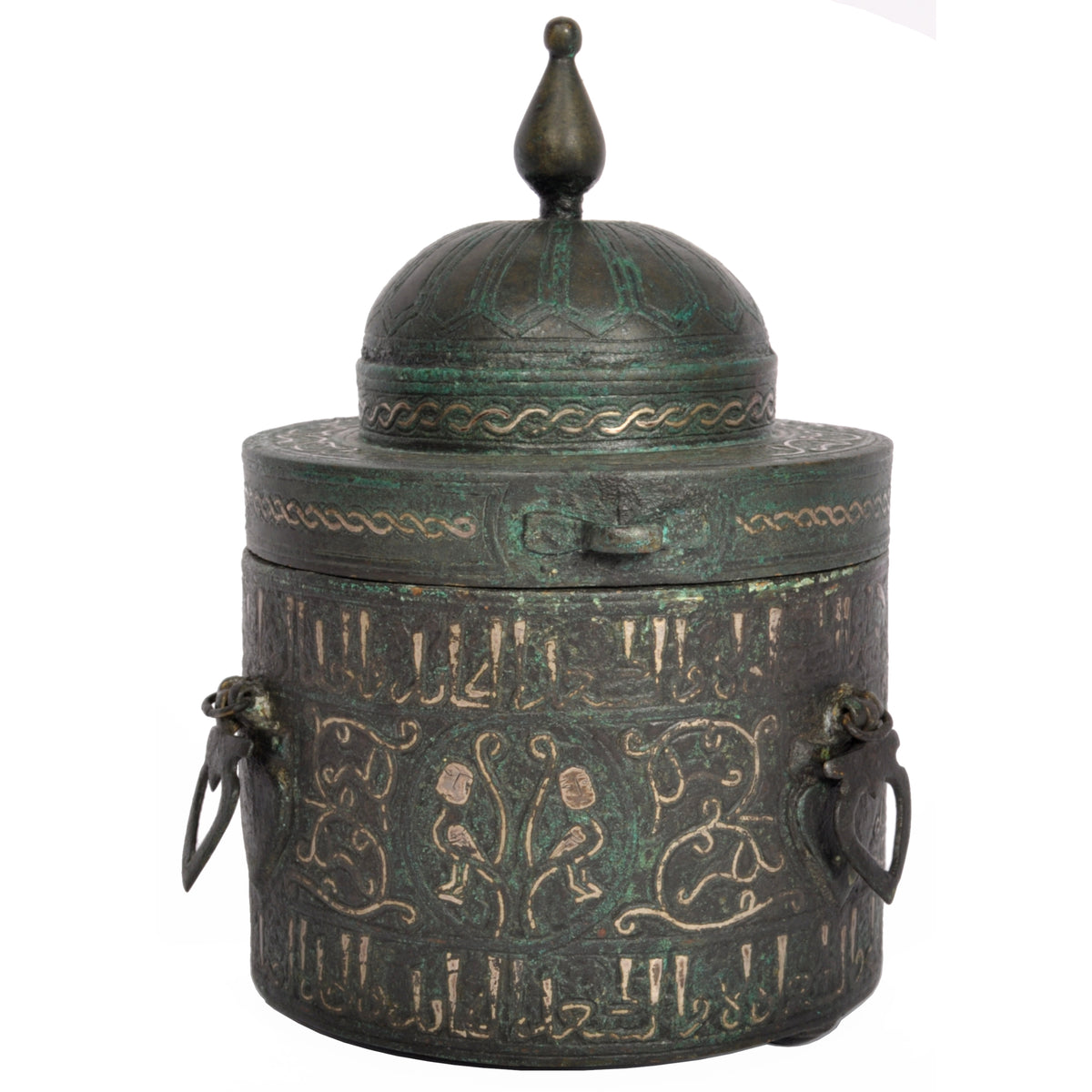 Ancient Islamic Persian Khurasan Silver Inlaid Bronze Caligraphy Inkwell Circa 1200