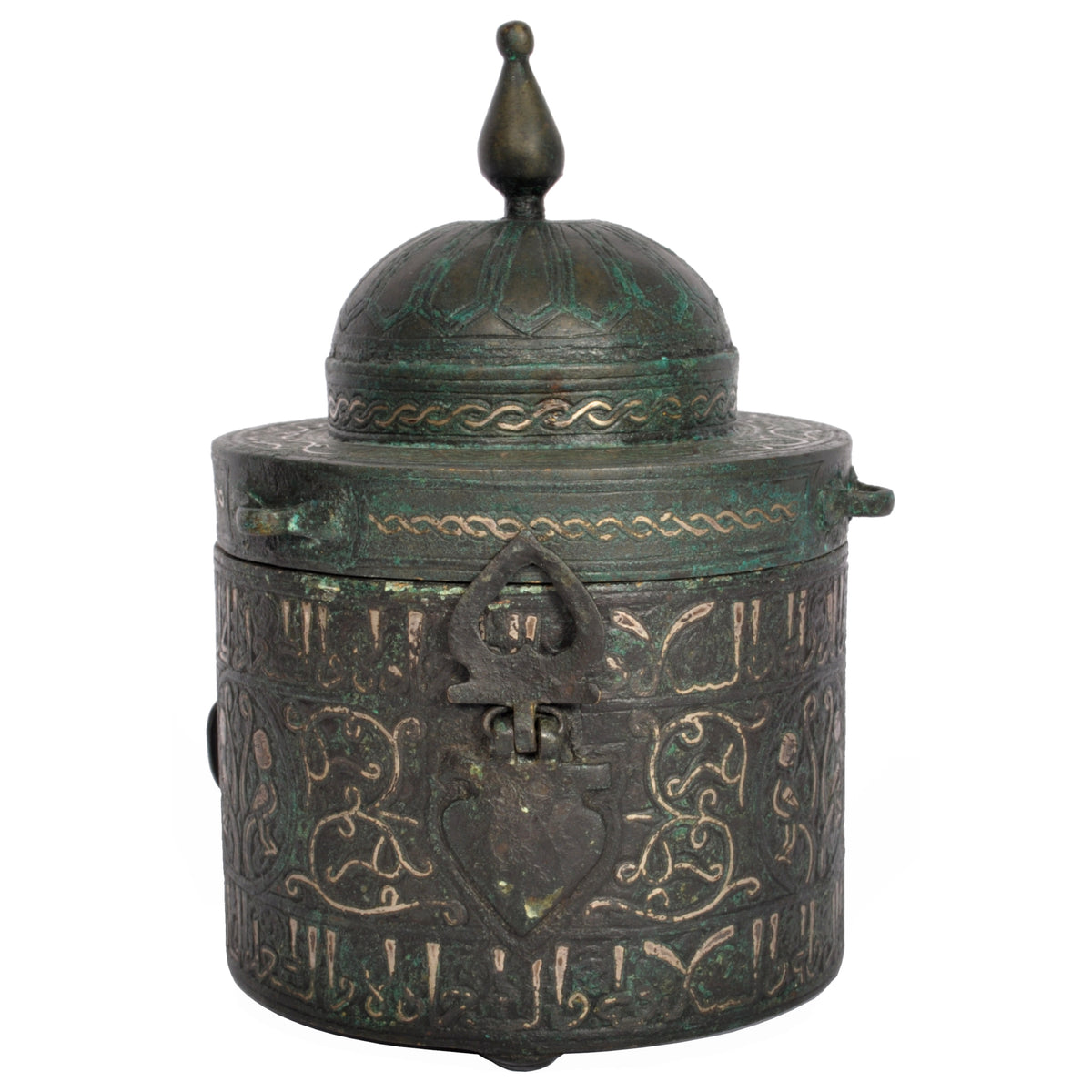 Ancient Islamic Persian Khurasan Silver Inlaid Bronze Caligraphy Inkwell Circa 1200