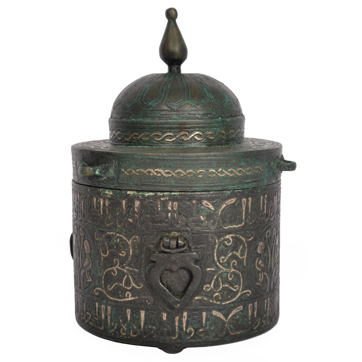 Ancient Islamic Persian Khurasan Silver Inlaid Bronze Caligraphy Inkwell Circa 1200