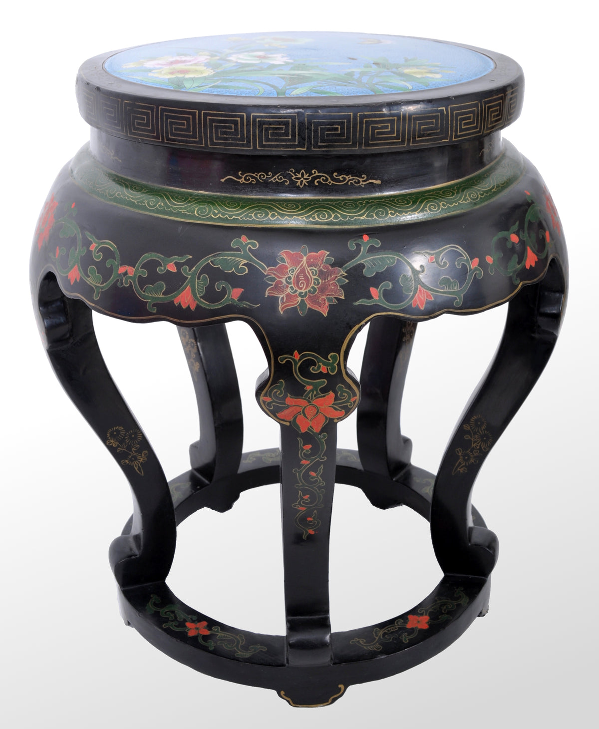 Antique Chinese Qing Dynasty Lacquer & Cloisonné Garden Seat / Stool, circa 1920