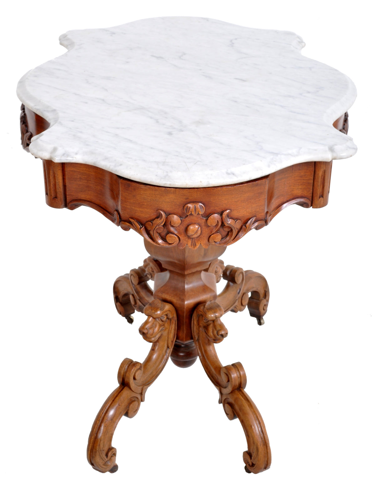 Antique American Victorian Walnut Marble Top Parlor Table, Possibly Belter or Meeks, circa 1860