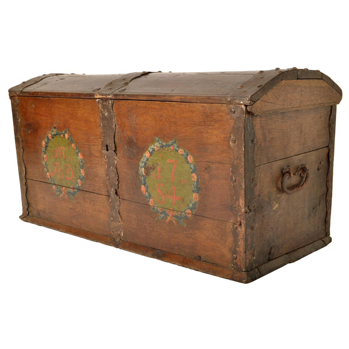 Antique 18th Century German Baroque Painted Walnut Iron Coffer Chest Trunk 1784