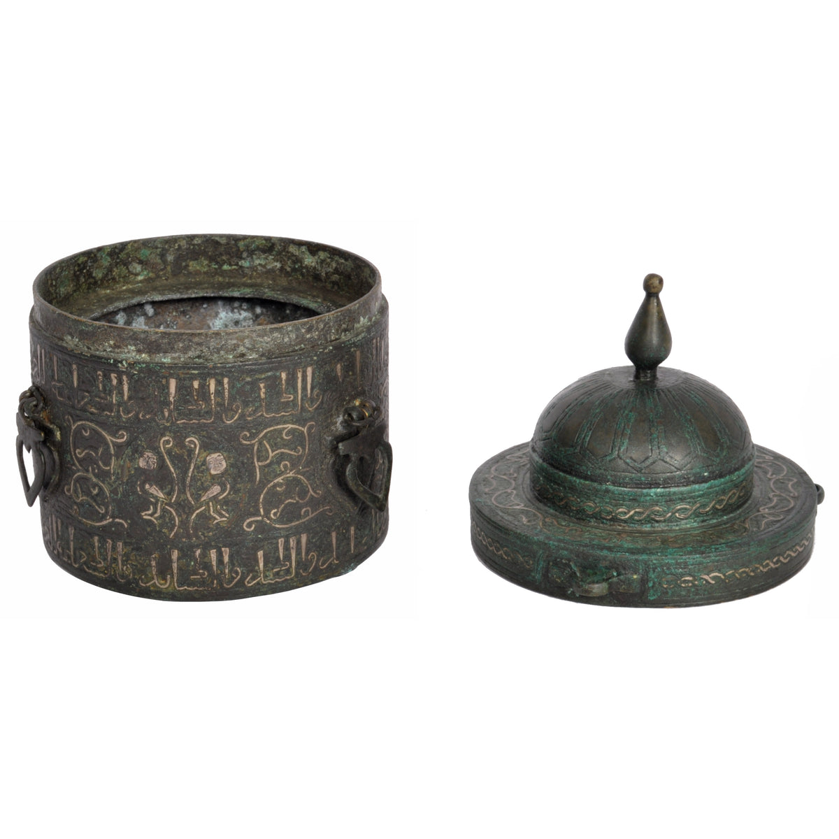 Ancient Islamic Persian Khurasan Silver Inlaid Bronze Caligraphy Inkwell Circa 1200