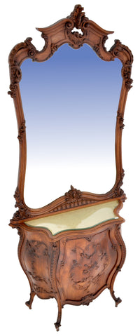 Antique Italian Rococo Walnut Bombe-Shaped Mirrored Cabinet / Buffet / Server, Circa 1880