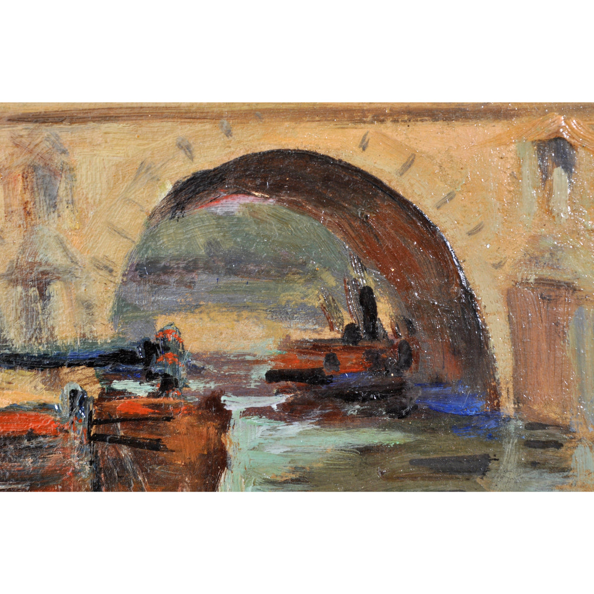 Antique French Impressionist Oil Painting Boat Nearing The Bridge Paul de Frick 1900