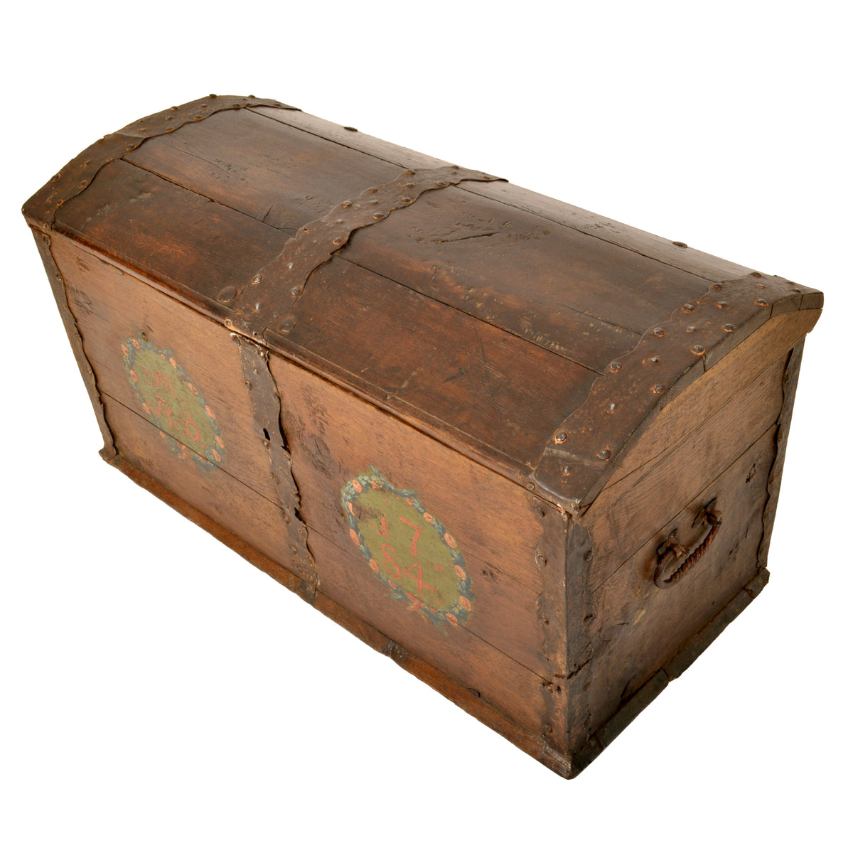 Antique 18th Century German Baroque Painted Walnut Iron Coffer Chest Trunk 1784