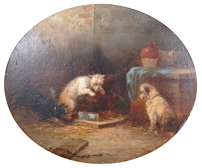 Antique English Oil Painting, "Three Terrier Dogs," George Armfield (1808-1893), circa 1860