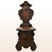 Set of Four Antique 18th Century Italian Carved Walnut Sgabello Hall Side Chairs, circa 1780