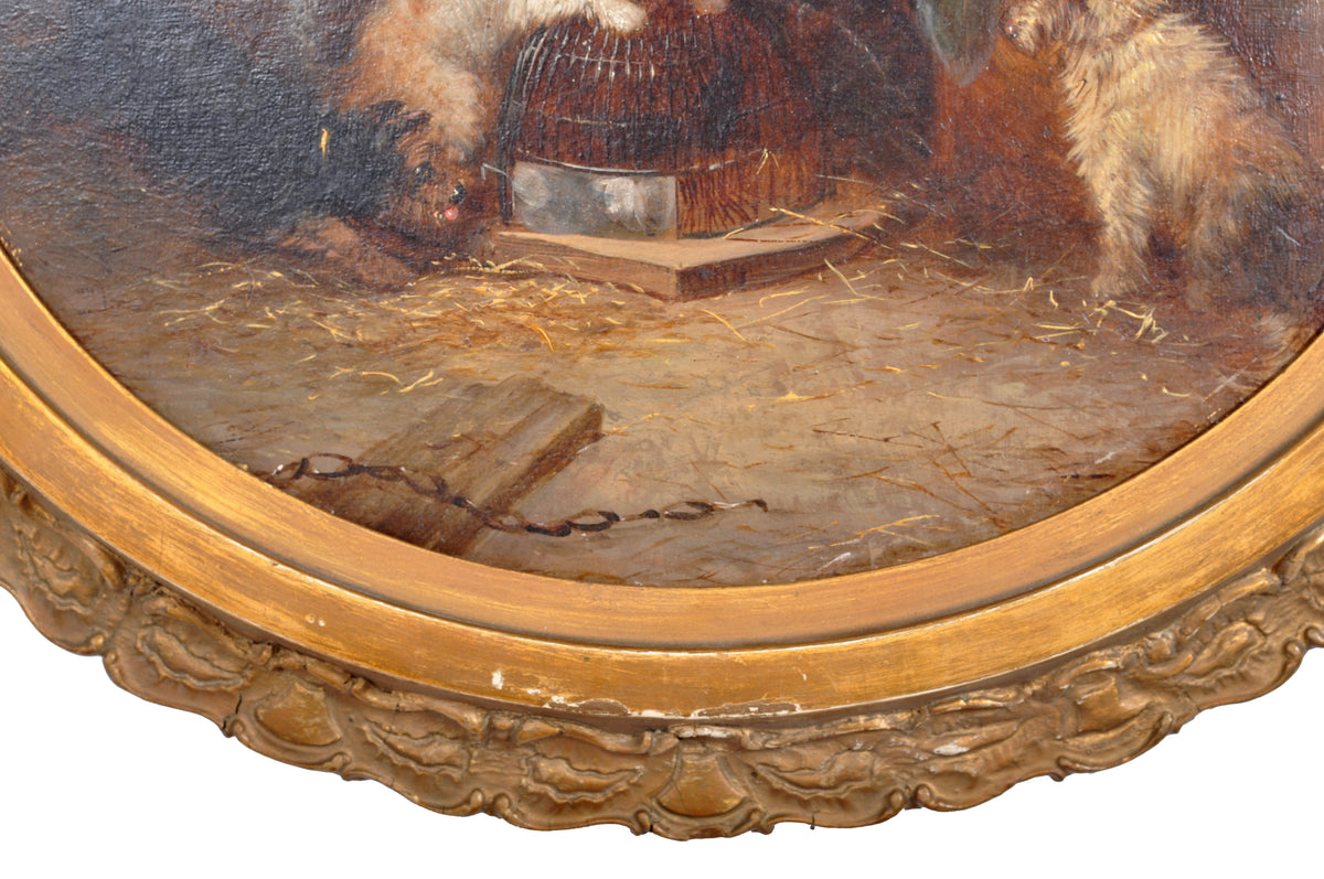 Antique English Oil Painting, "Three Terrier Dogs," George Armfield (1808-1893), circa 1860