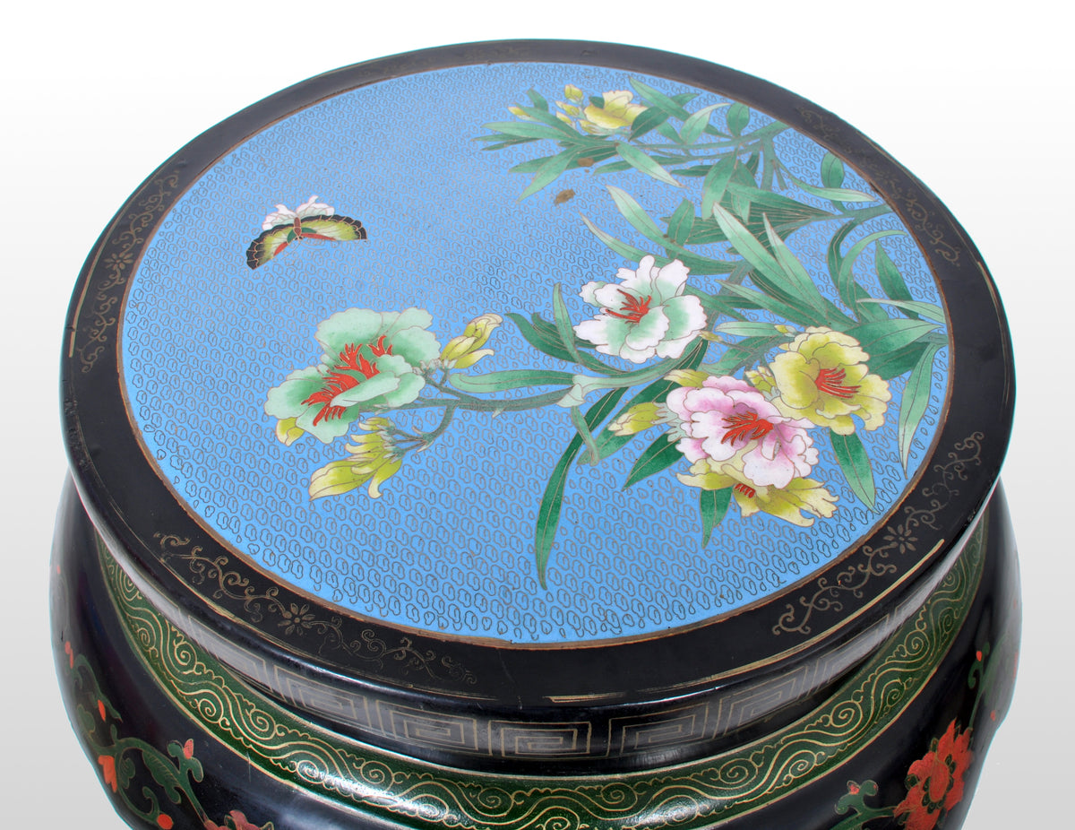 Antique Chinese Qing Dynasty Lacquer & Cloisonné Garden Seat / Stool, circa 1920