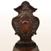 Set of Four Antique 18th Century Italian Carved Walnut Sgabello Hall Side Chairs, circa 1780