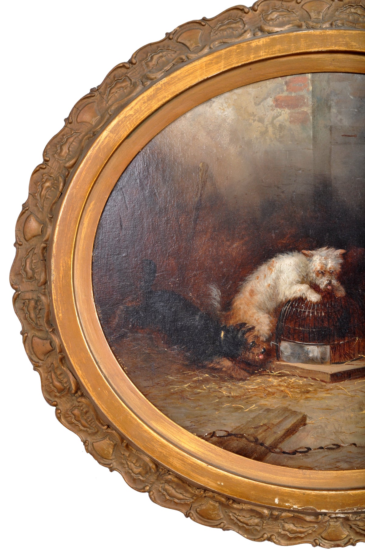 Antique English Oil Painting, "Three Terrier Dogs," George Armfield (1808-1893), circa 1860