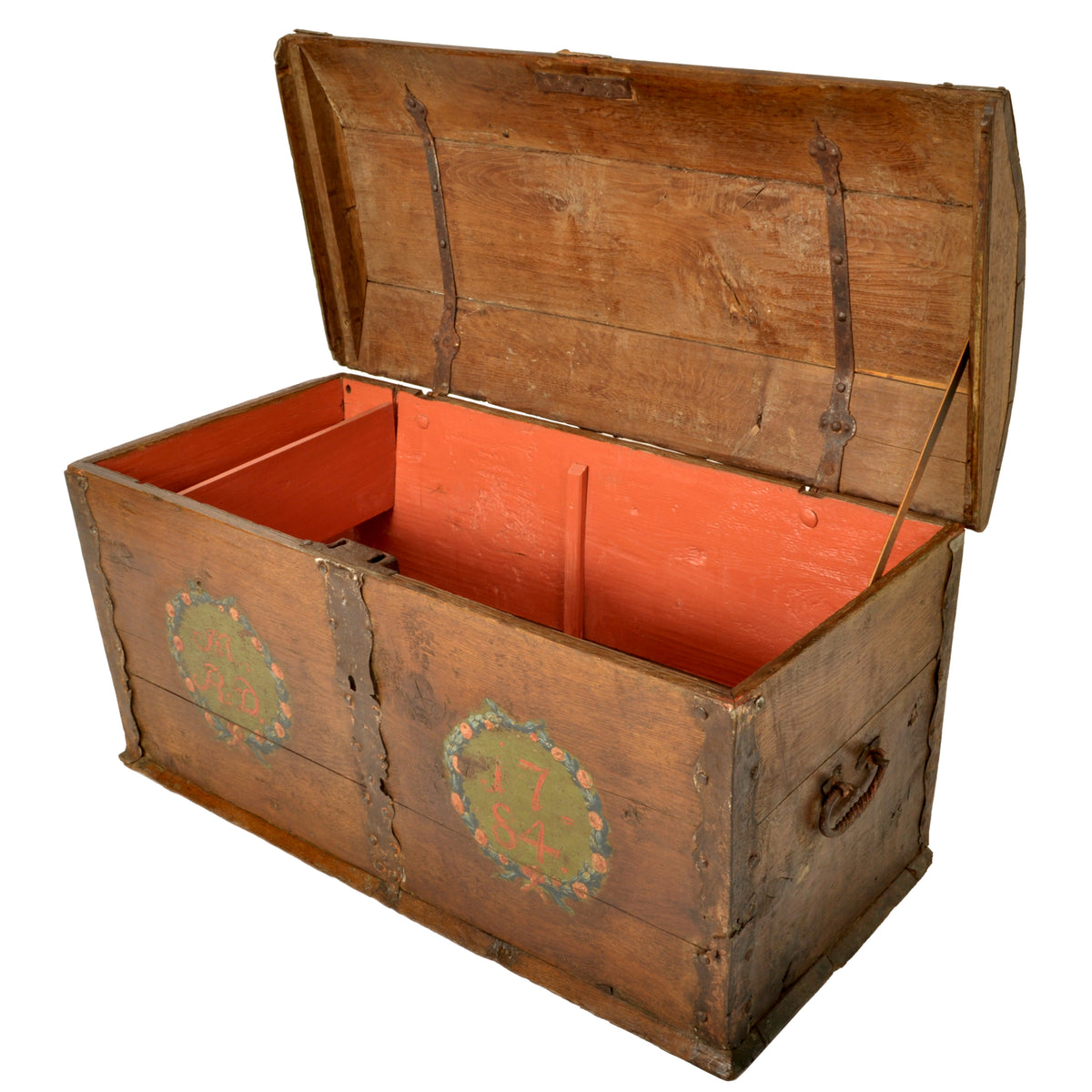 Antique 18th Century German Baroque Painted Walnut Iron Coffer Chest Trunk 1784