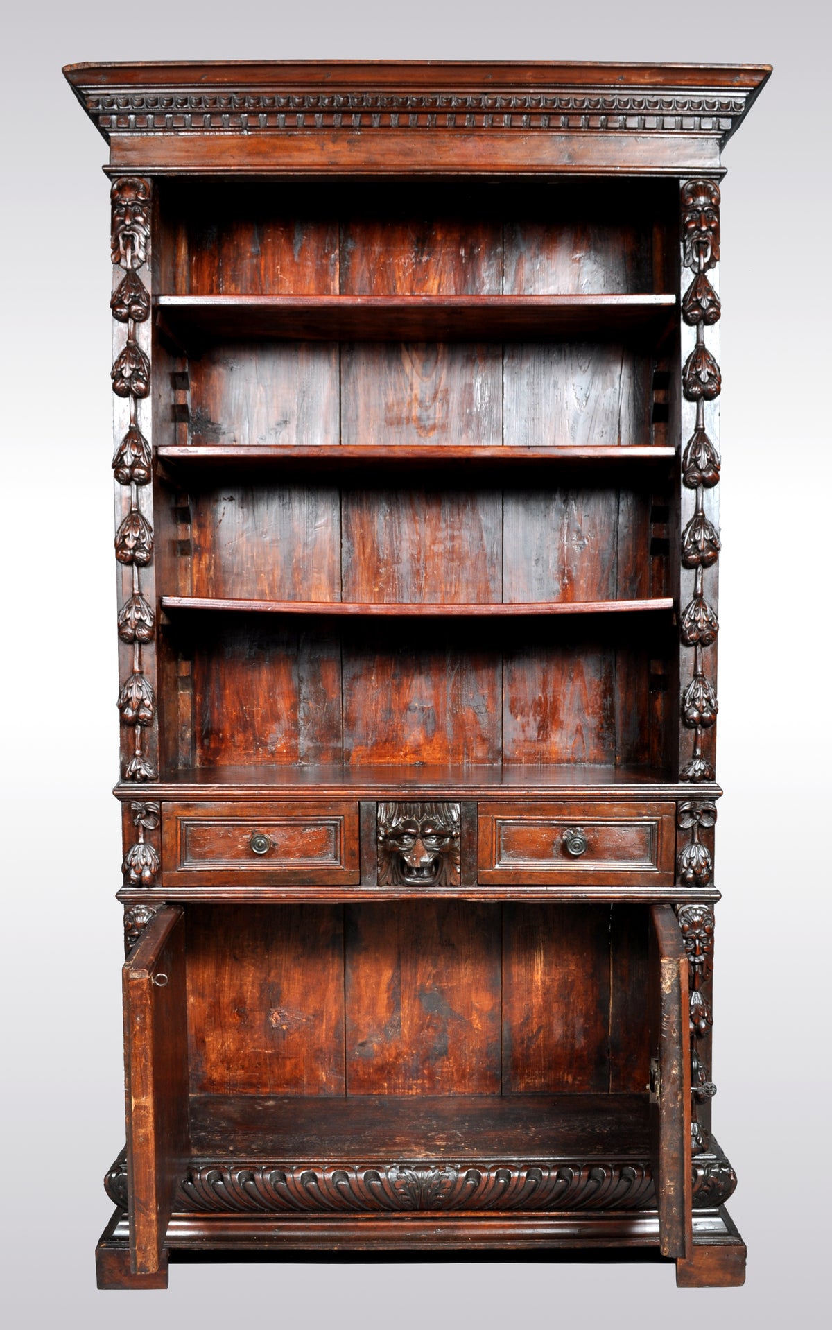 Antique Italian Carved Walnut Renaissance Revival Bookcase, circa 1870