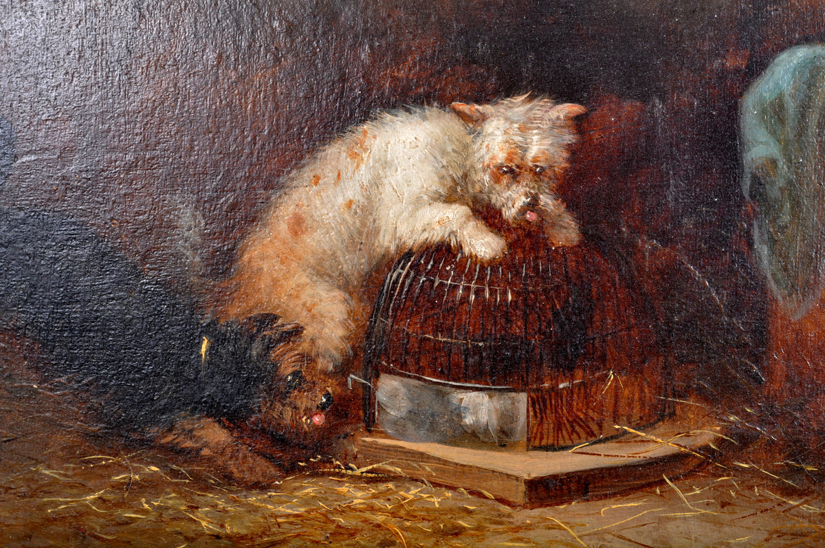 Antique English Oil Painting, "Three Terrier Dogs," George Armfield (1808-1893), circa 1860