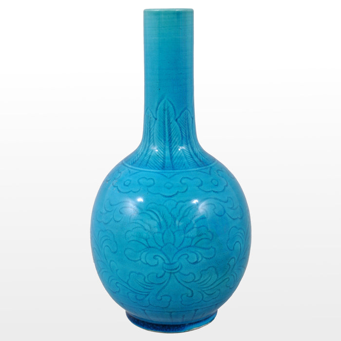 Antique 19th Century Chinese Qing Dynasty Blue Glazed Kangxi Style Stem Vase, Circa 1850