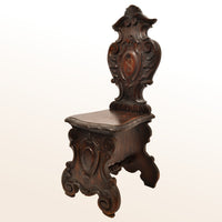 Set of Four Antique 18th Century Italian Carved Walnut Sgabello Hall Side Chairs, circa 1780