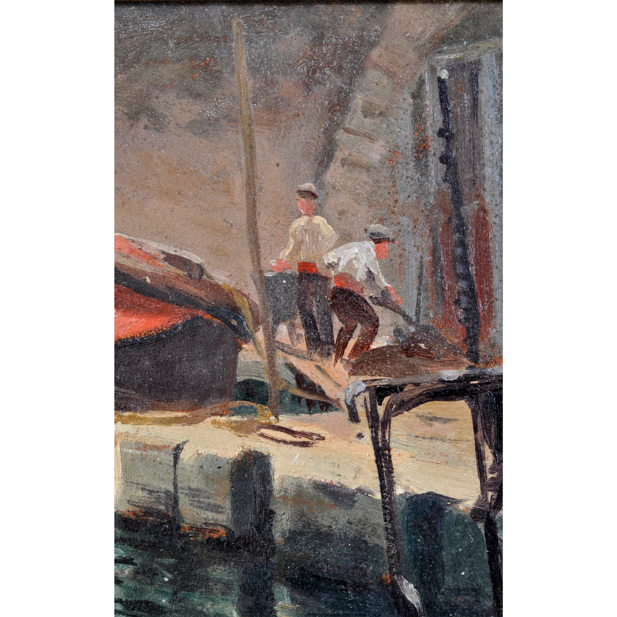 Antique French Impressionist Oil Painting 'Preparing the Boat for Voyage" Paul de Frick 1900