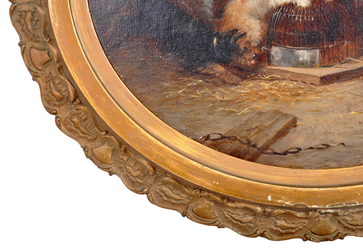 Antique English Oil Painting, "Three Terrier Dogs," George Armfield (1808-1893), circa 1860