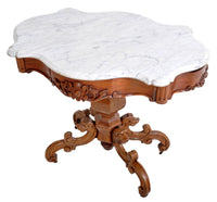 Antique American Victorian Walnut Marble Top Parlor Table, Possibly Belter or Meeks, circa 1860