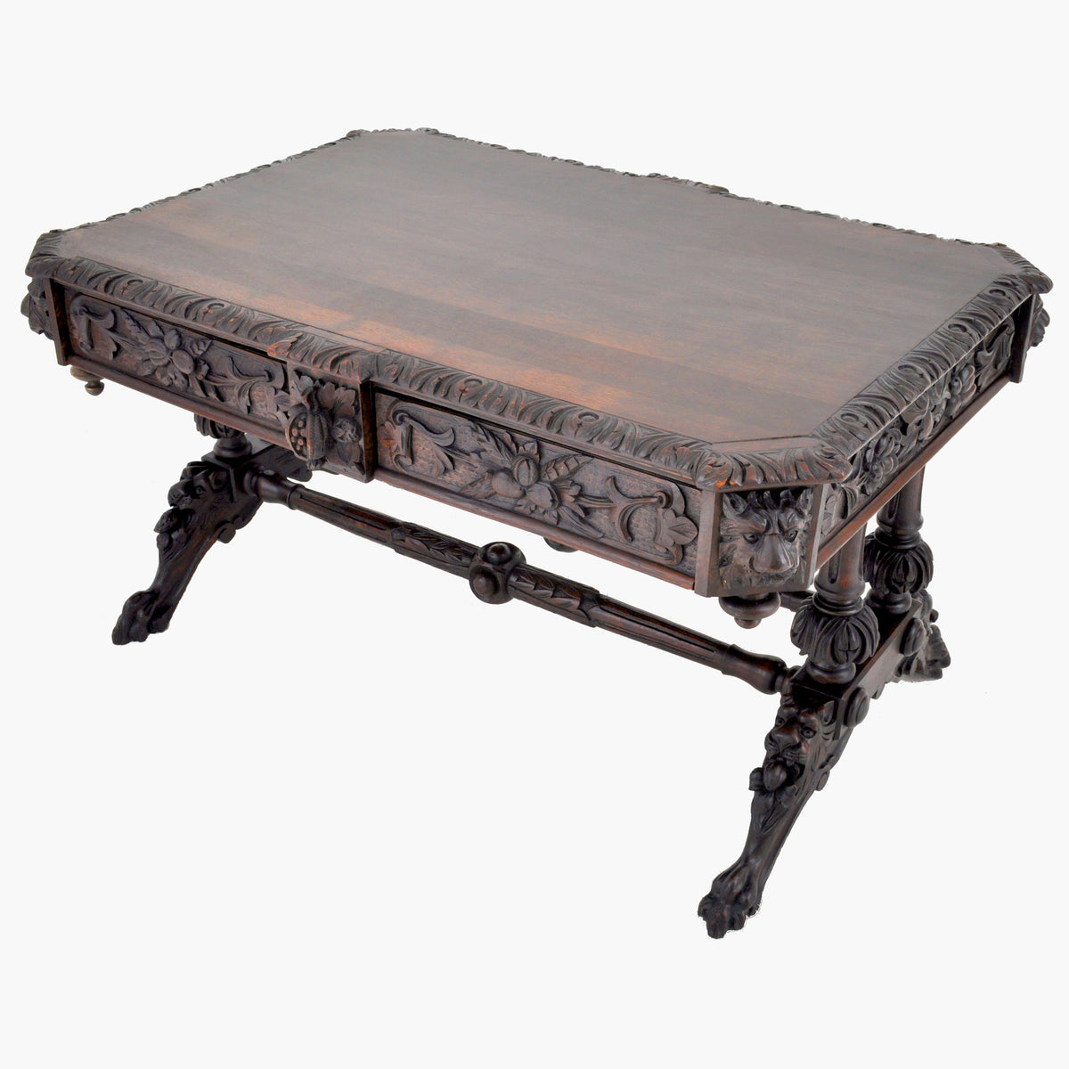 Antique 19th Century French Carved Oak Library Table, Circa 1860