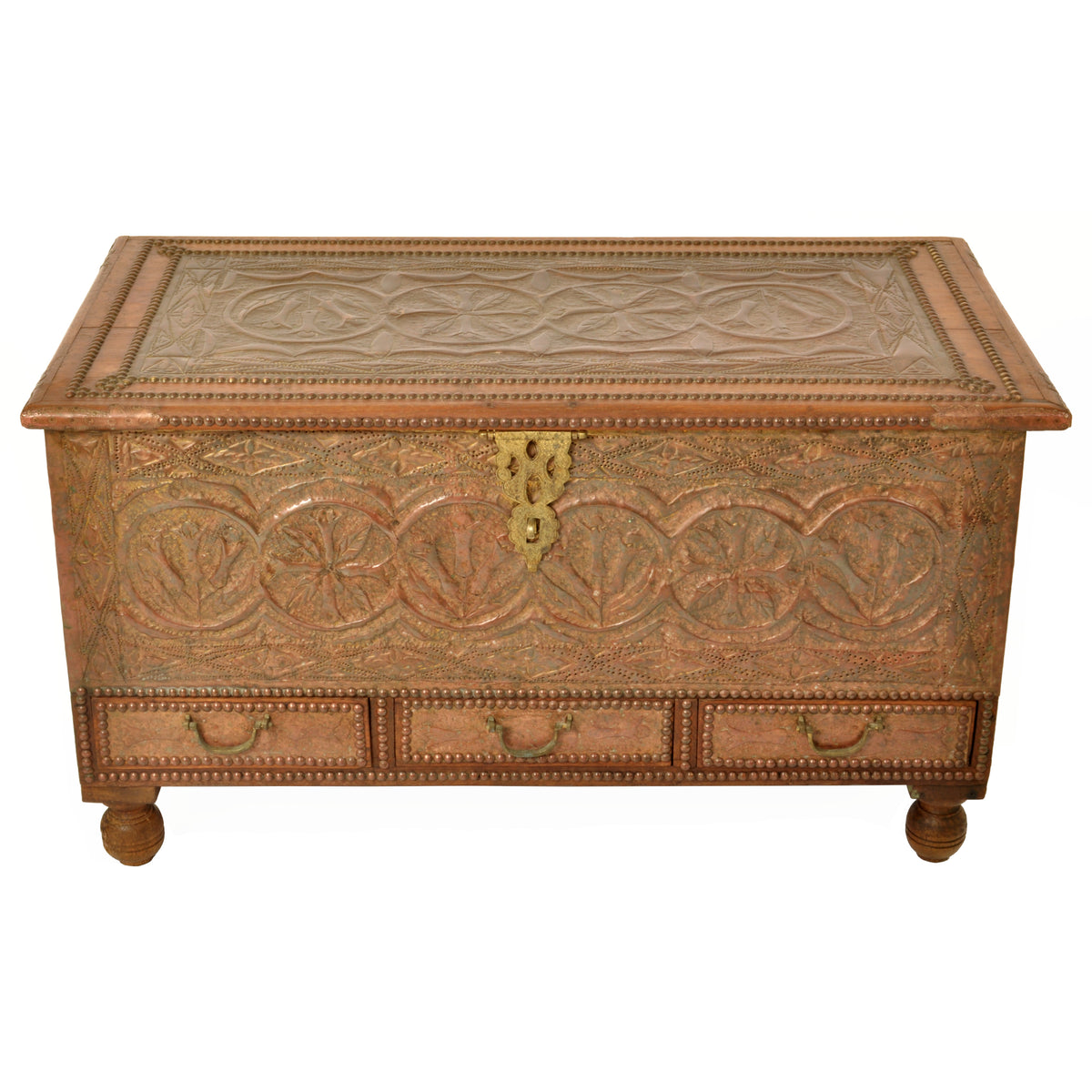 Antique Zanzibar Omani Teak & Brass Studded Copper Clad Dowry Chest Trunk, 1880