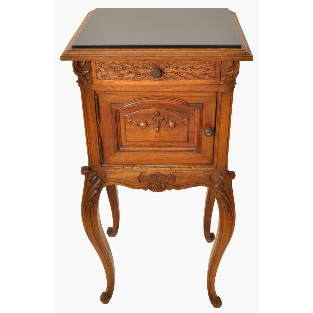 Antique French Provincial Louis XVI Carved Walnut & Marble Nightstand / Table, circa 1880