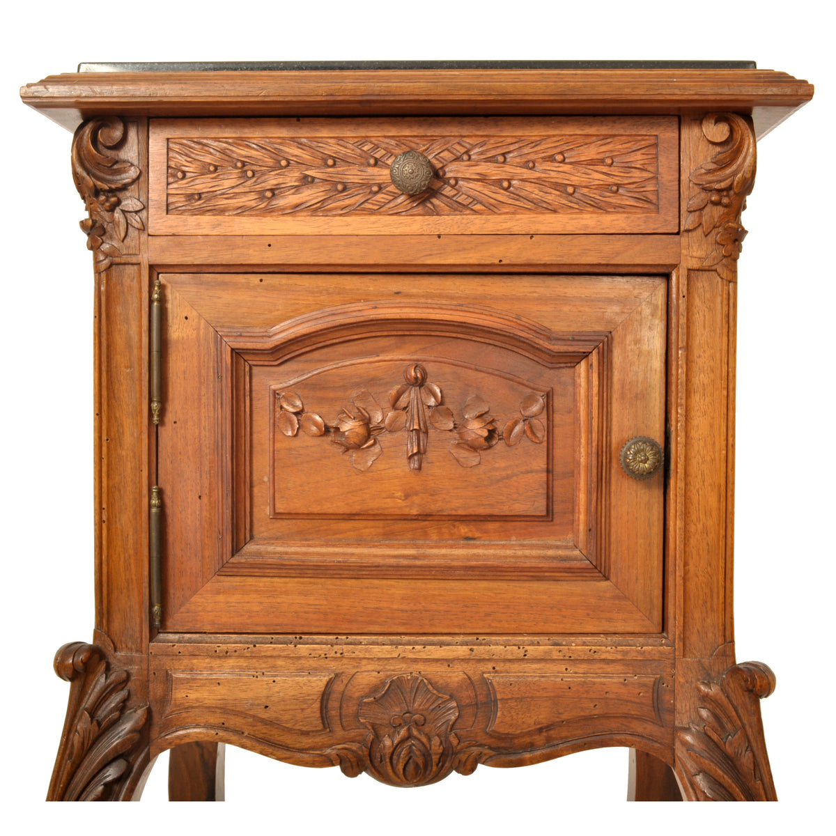 Antique French Provincial Louis XVI Carved Walnut & Marble Nightstand / Table, circa 1880
