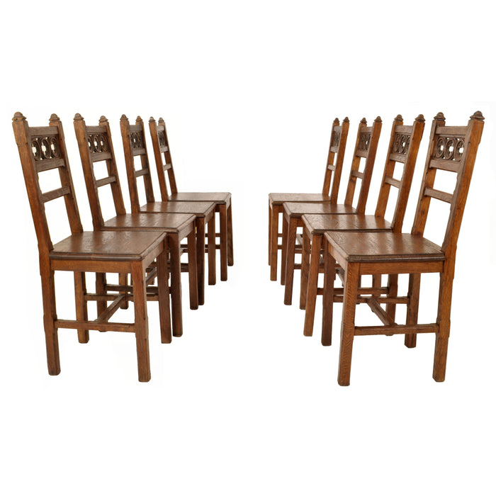 Set of Eight 19th Century Carved Oak Gothic Revival Chairs A W Pugin, Circa 1850