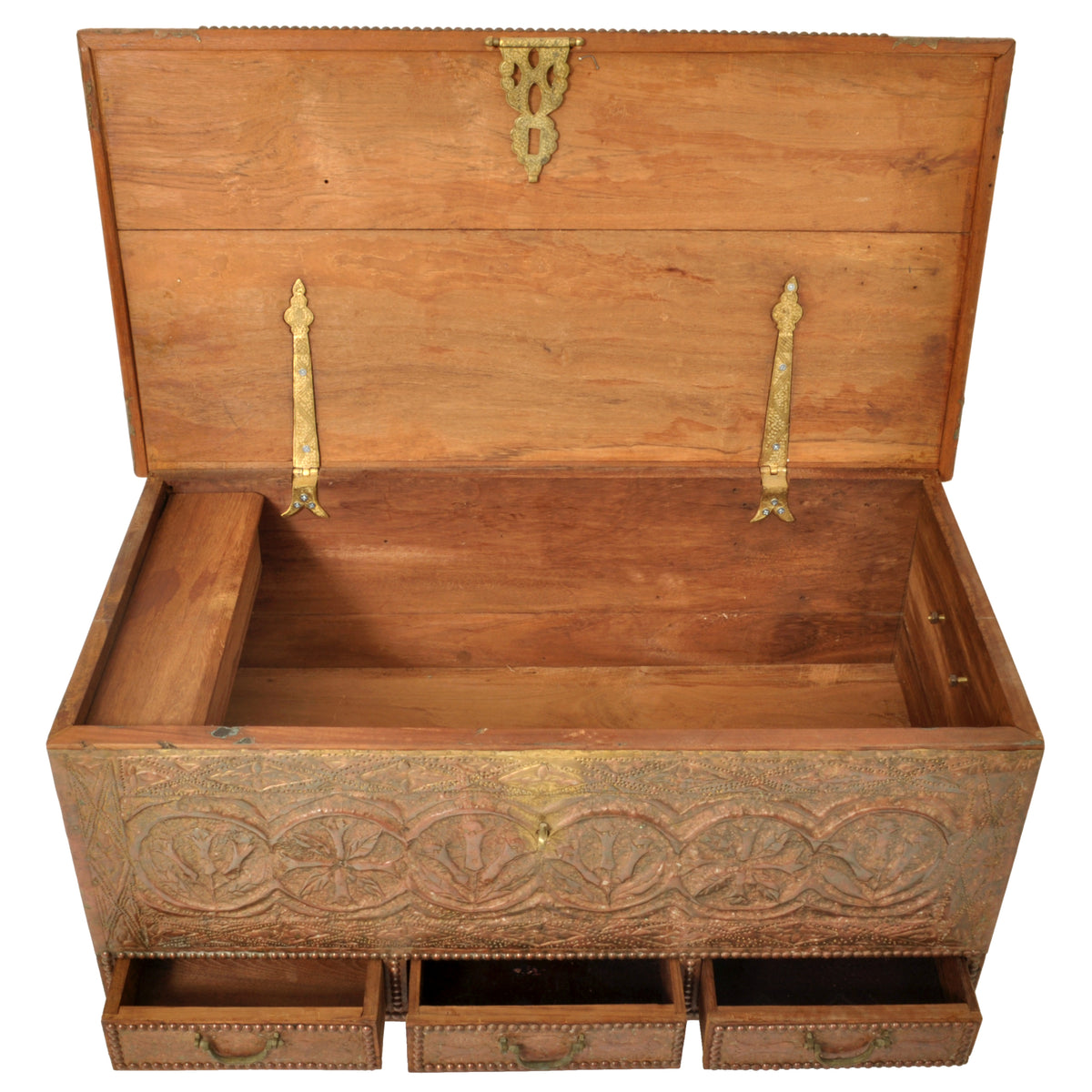 Antique Zanzibar Omani Teak & Brass Studded Copper Clad Dowry Chest Trunk, 1880